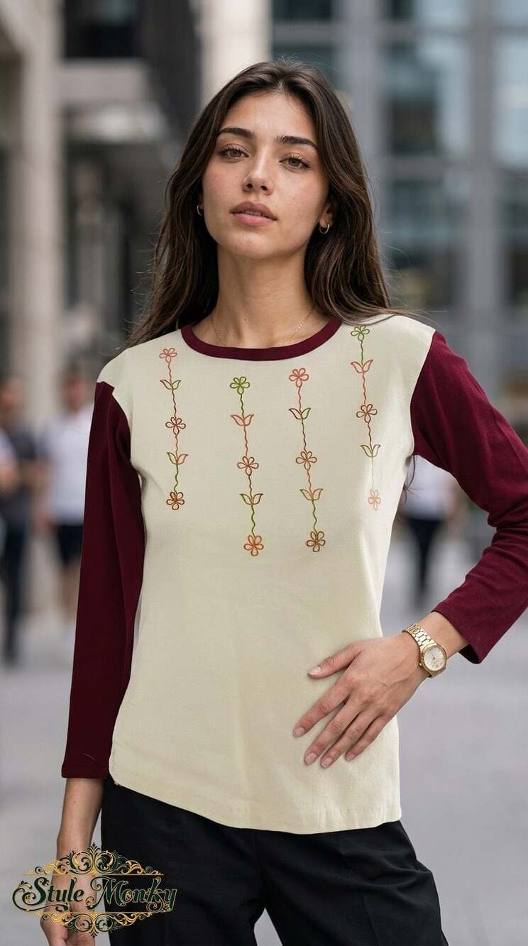 Vintage Floral Embroidered Off-White and Burgundy Raglan Long Sleeve Top